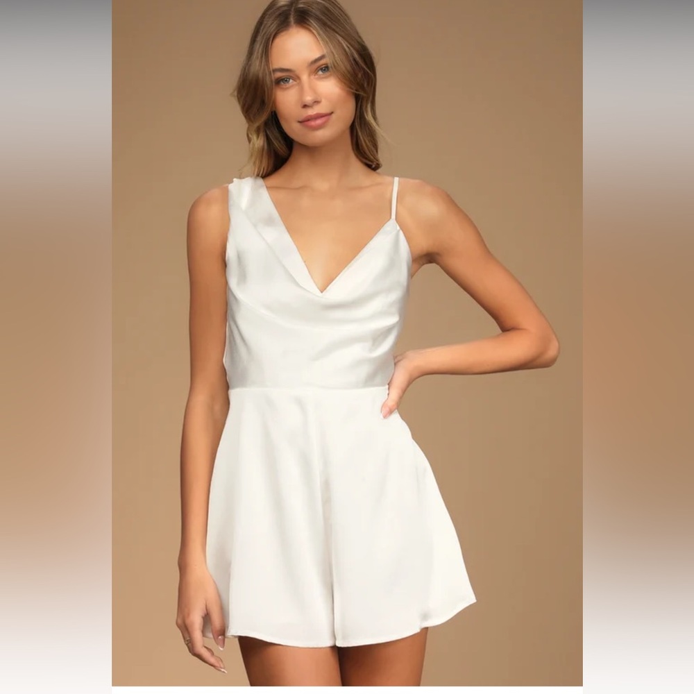 Ivory Satin Asymmetrical Cowl Neck Romper Lulus